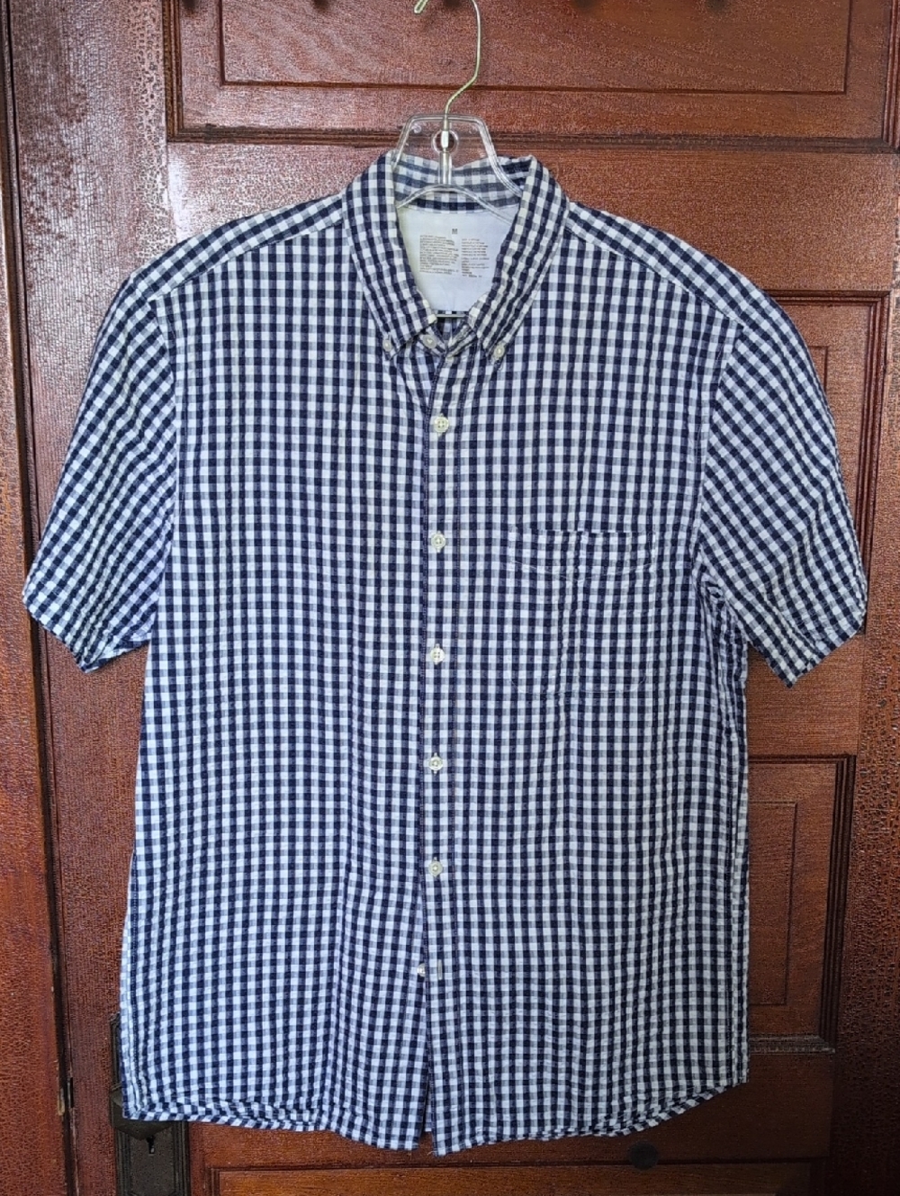 Muji Navy and White Short-Sleeve Gingham Button-Down Shirt